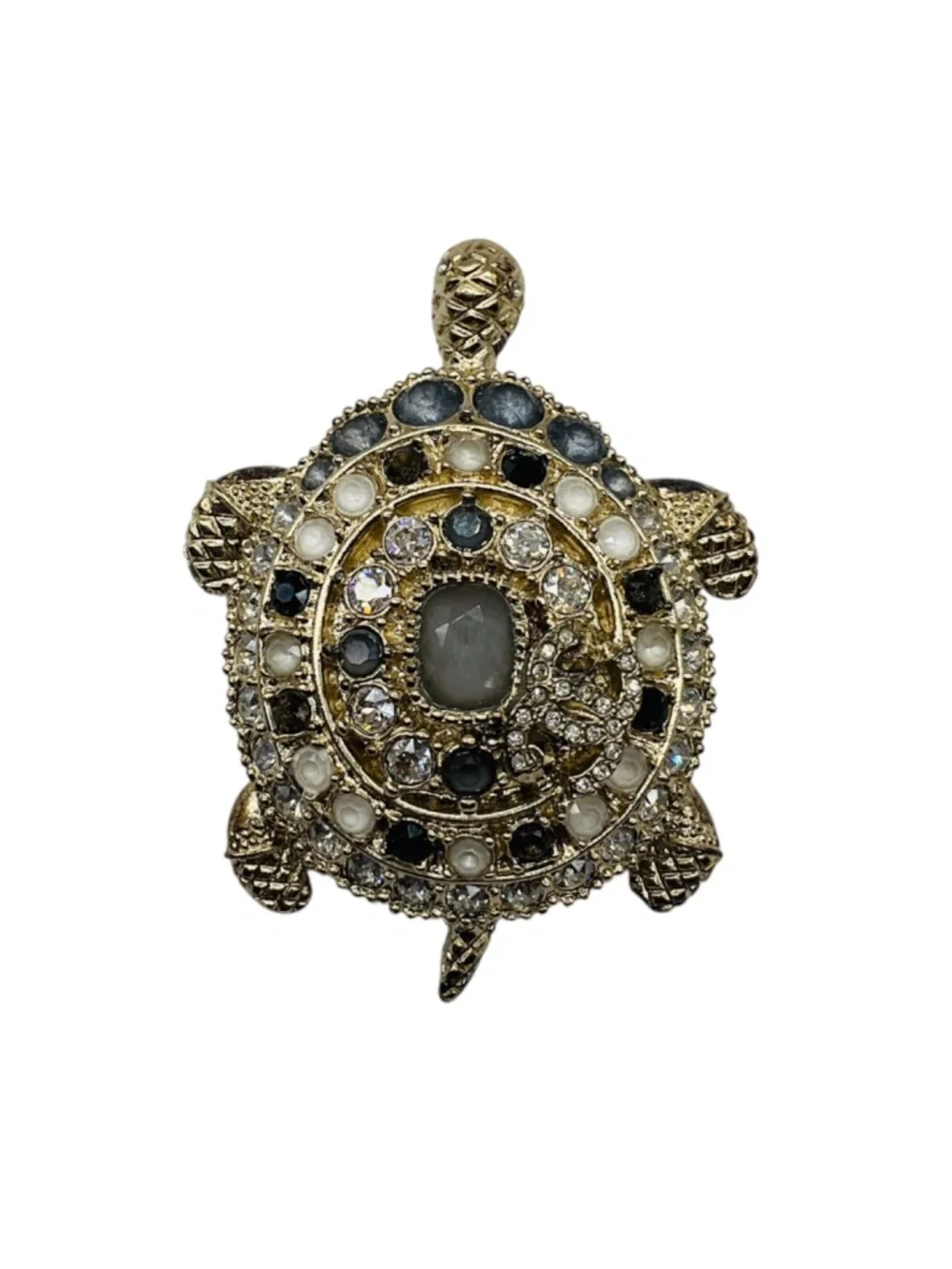CHANEL 2019 CC LOGO STRASS CRYSTAL EMBELLISHED LIGHT GOLD TURTLE BROOCH